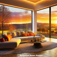 Living room with large picture windows at sunset